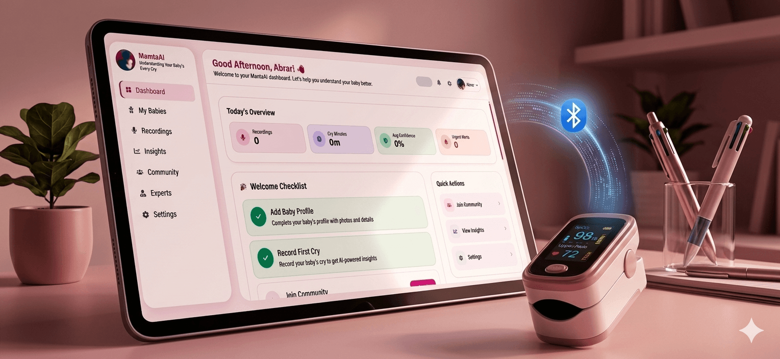 MumtaAI dashboard connected to a Bluetooth pulse oximeter